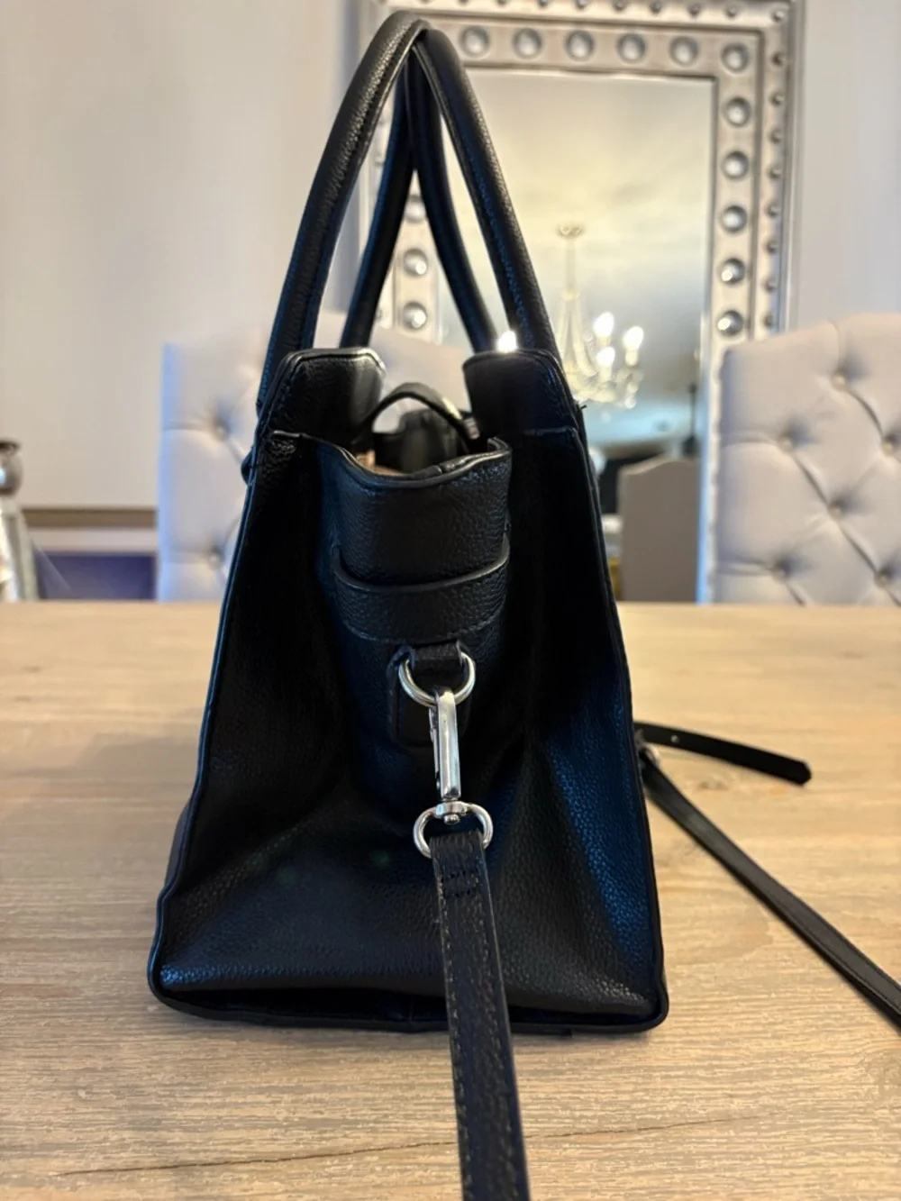 Dana Buchman Black Pebbled faux leather Satchel Silver Lock Crossbody Strap